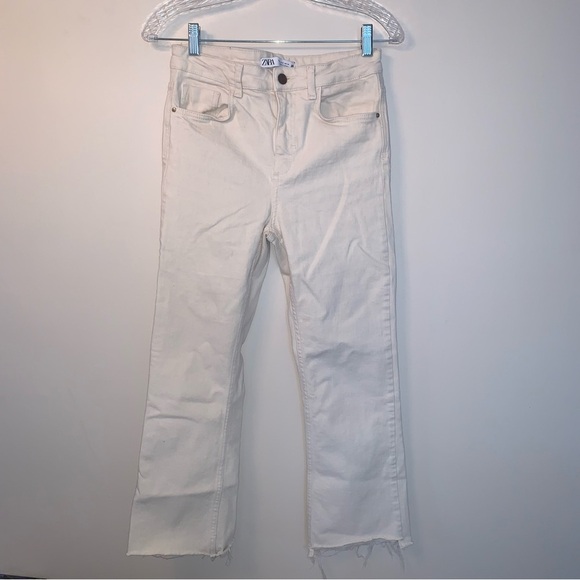 Zara Cropped High Rise Cream Jeans Raw Hem 6 - Picture 2 of 8